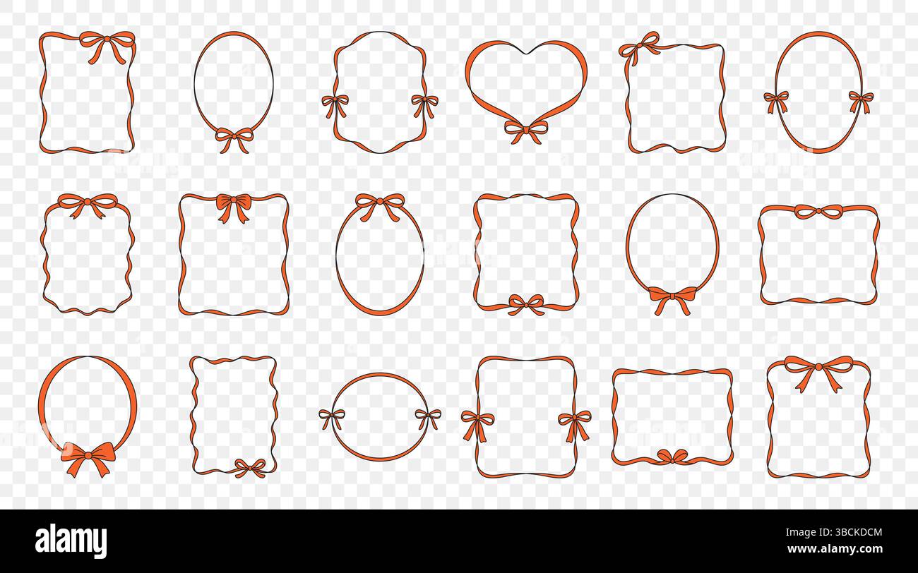 Set vettoriale con cornice decorativa con Bows. Collezione di cornici decorative disegnate a mano per Invitation Design. Graziosa cornice decorativa con bordi in ovale, cuore Illustrazione Vettoriale