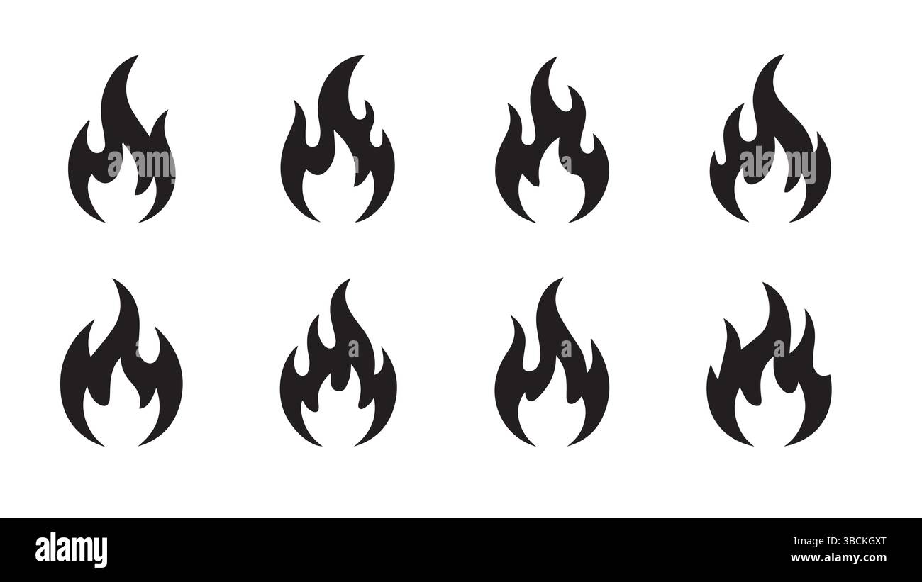Collezione di icone di fiamma minima: Set di simboli di fuoco nero per progettazione digitale, logo, tatuaggi ed elementi dell'interfaccia utente Illustrazione Vettoriale