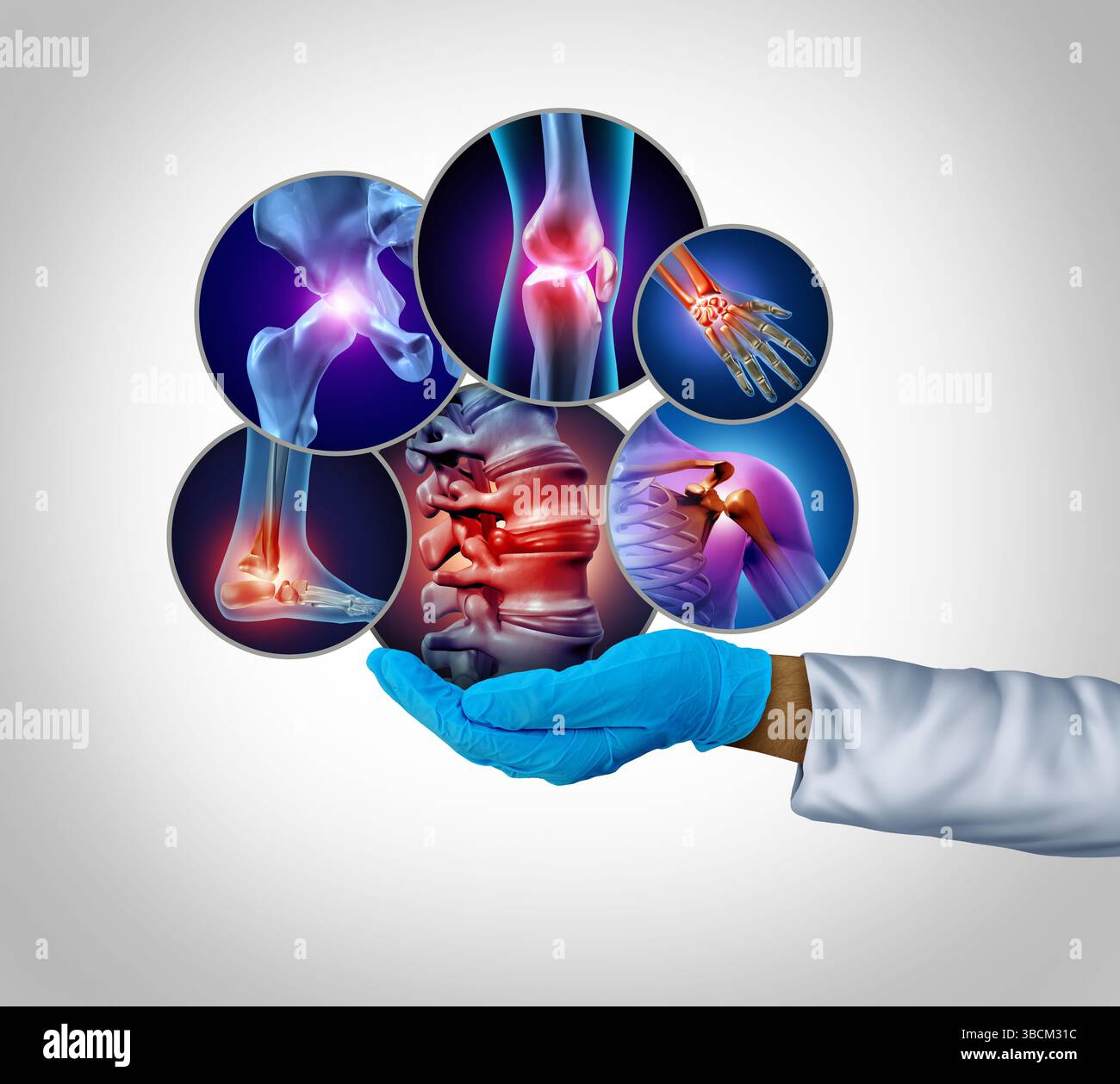 Chirurgo ortopedico e reumatologo come medico o medico curante dolori articolari e supporto sanitario del sistema muscolo-scheletrico per articolazioni dolorose come bac Foto Stock