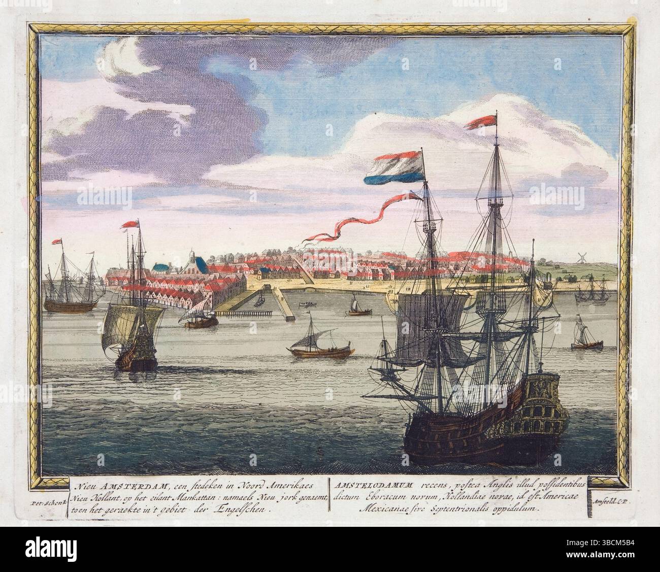 Acquerello di New Amsterdam, una città nella New Holland nordamericana sull'isola di Manhatten 1702, opera d'arte di Pieter Schenk, stampe antiche d'epoca, incisioni storiche del XVIII secolo, navi che spediscono Foto Stock
