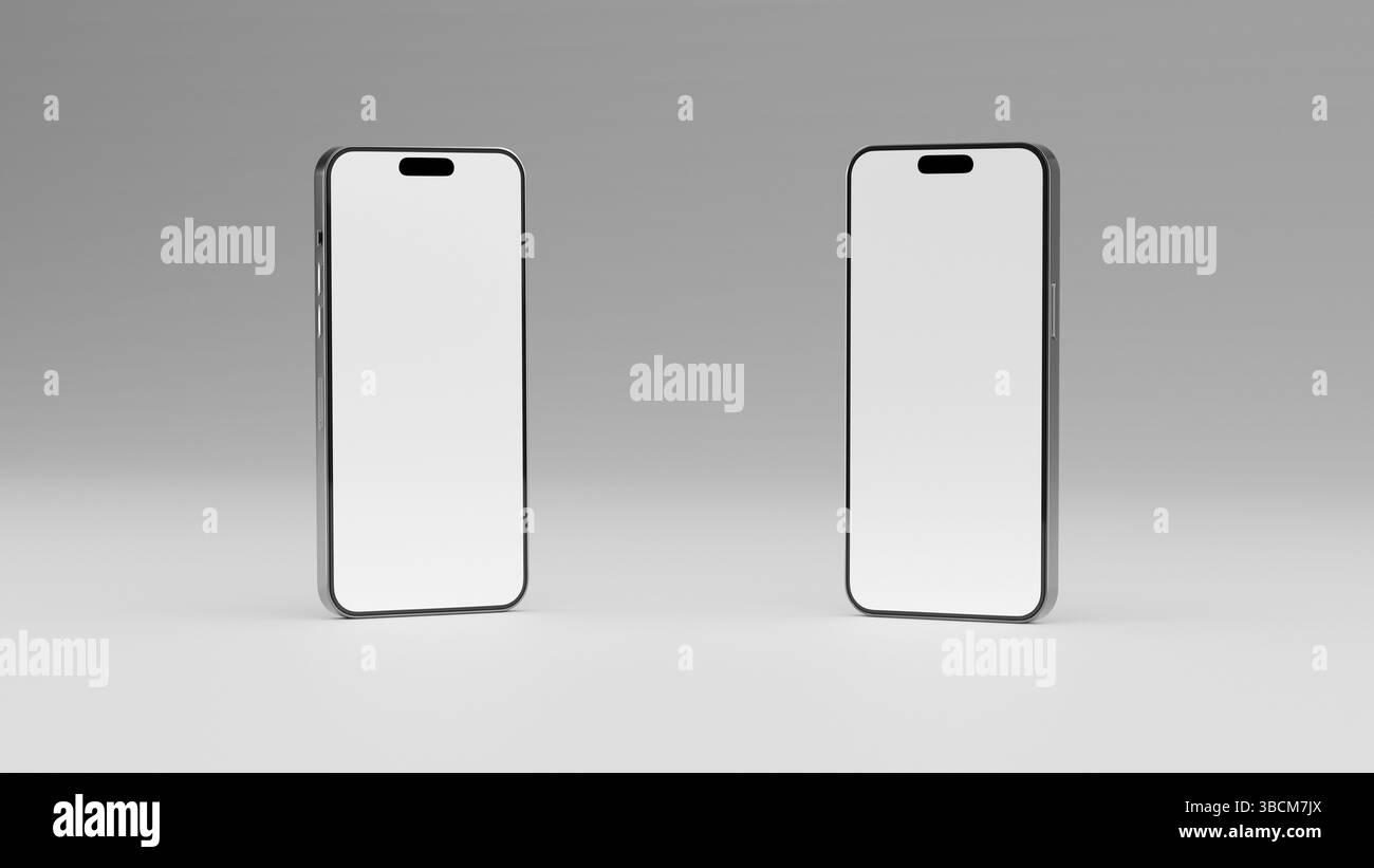 Illustrazione di rendering 3D di due telefoni cellulari per il mock-up. Schermo vuoto del telaio dello smartphone isolato su sfondo bianco. Per il mockup su sfondo chiaro. T Foto Stock