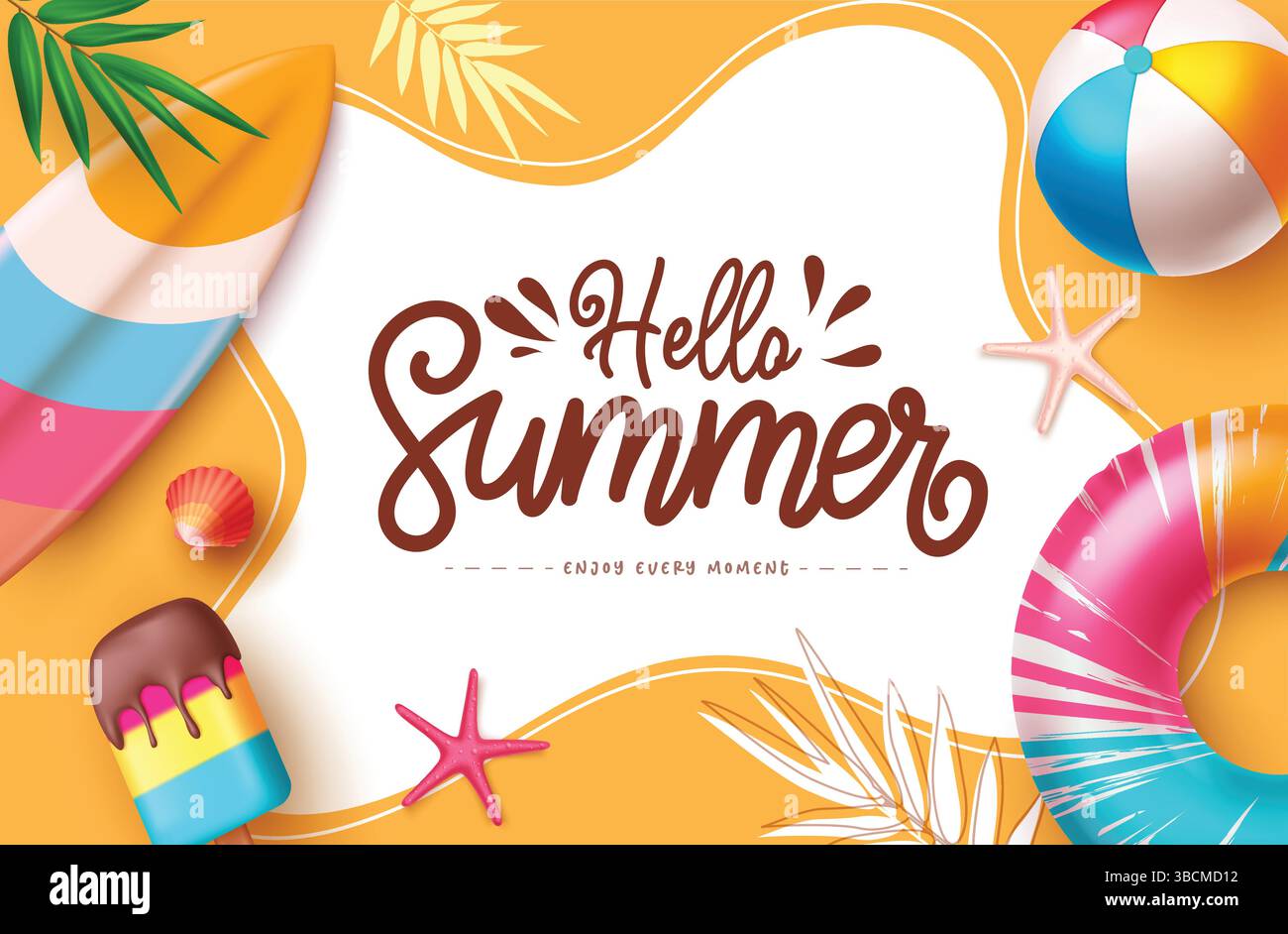 Design per saluti estivi. Hello Summer text con elementi vettoriali estivi su sfondo astratto giallo. Illustrazione vettoriale. Illustrazione Vettoriale