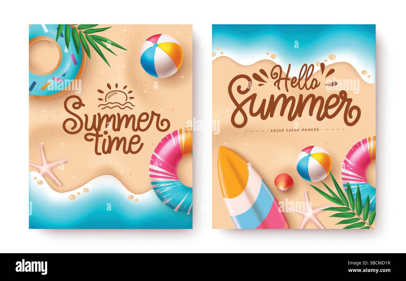 Summer Time e Hello testo di saluto estivo con elementi vettoriali sulla spiaggia di sabbia, design di poster estivi. Illustrazione vettoriale. Illustrazione Vettoriale