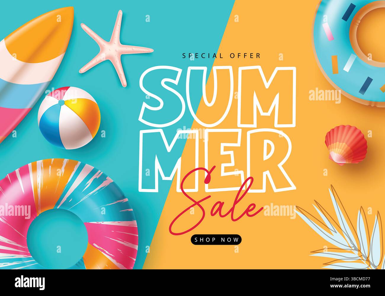 Testo delle vendite estive su sfondo astratto blu e giallo con elementi vettoriali estivi clip art modello per poster delle festività natalizie. Illustrazione vettoriale Illustrazione Vettoriale