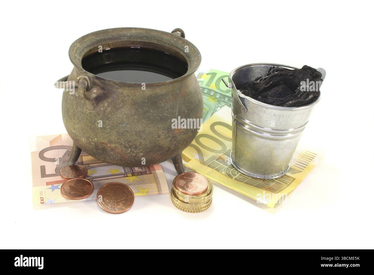 Caldaia con olio di riscaldamento, secchio di carbone e banconote in euro Foto Stock