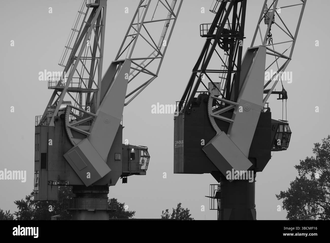 Primo piano di due gru industriali nel porto di Rotterdam, catturate in bianco e nero con dettagli meccanici visibili e marchio aziendale. Foto Stock