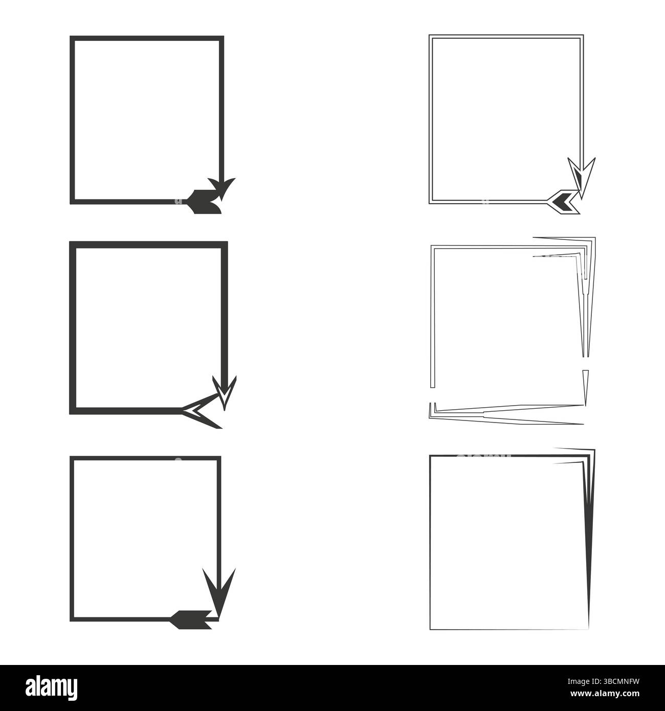 Cornici affilate. Contorni quadrati minimalisti. Accenti a forma di freccia. Stile bianco e nero. Illustrazione Vettoriale