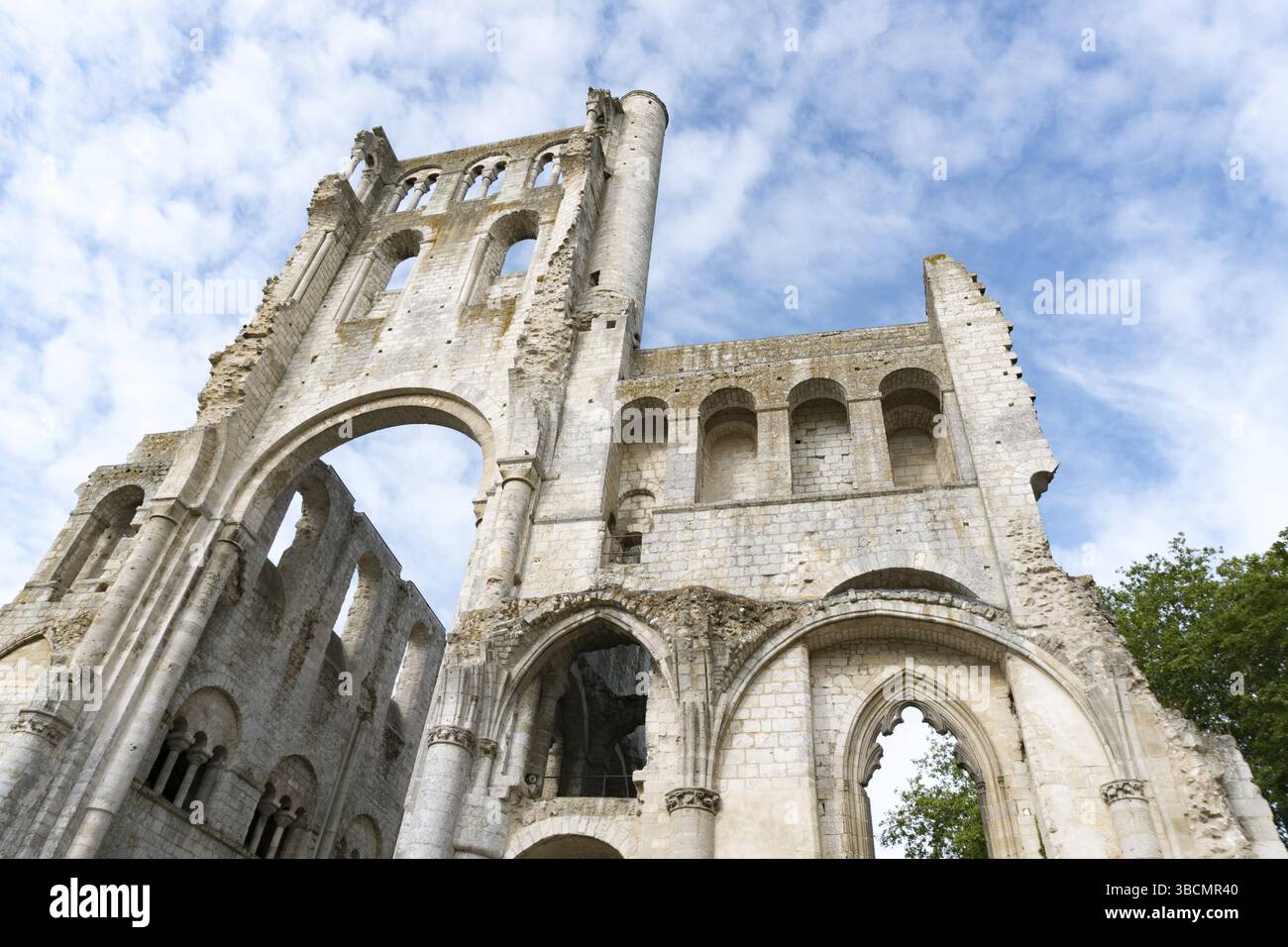 Francia - 13 agosto 2019: Veduta dettagliata delle rovine dell'antica abbazia e del monastero benedettino di Jumieges in Normandia in Francia Foto Stock