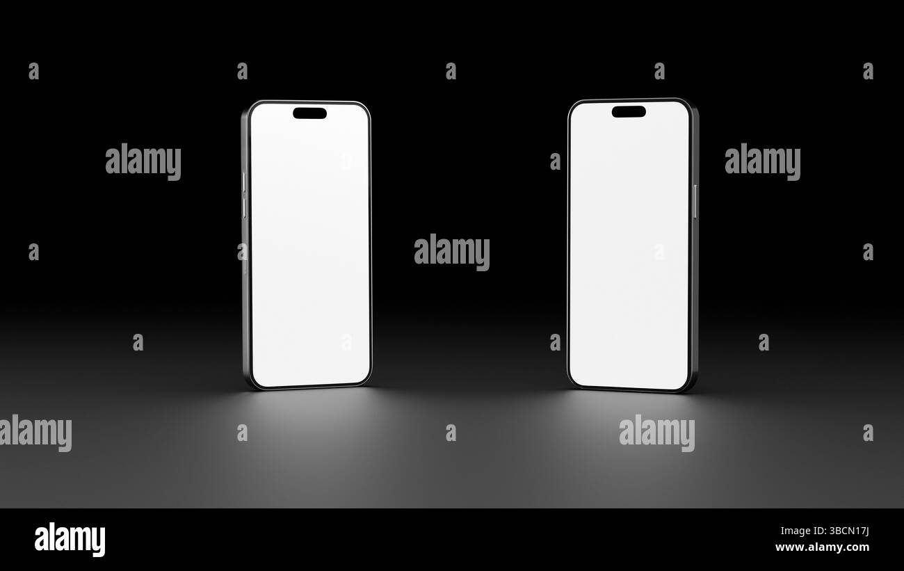 Illustrazione di rendering 3D di due telefoni cellulari per il mock-up. Schermo vuoto del telaio dello smartphone isolato su sfondo nero. Per il mockup su sfondo chiaro. T Foto Stock