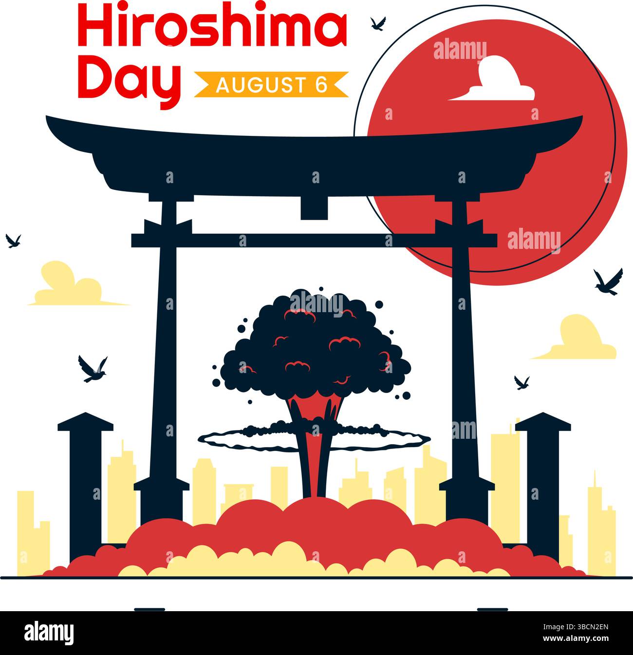 Hiroshima Day Vector Illustration il 6 agosto, con una colomba della Pace che simboleggia la pace e un'esplosione nucleare per commemorare l'evento storico Illustrazione Vettoriale