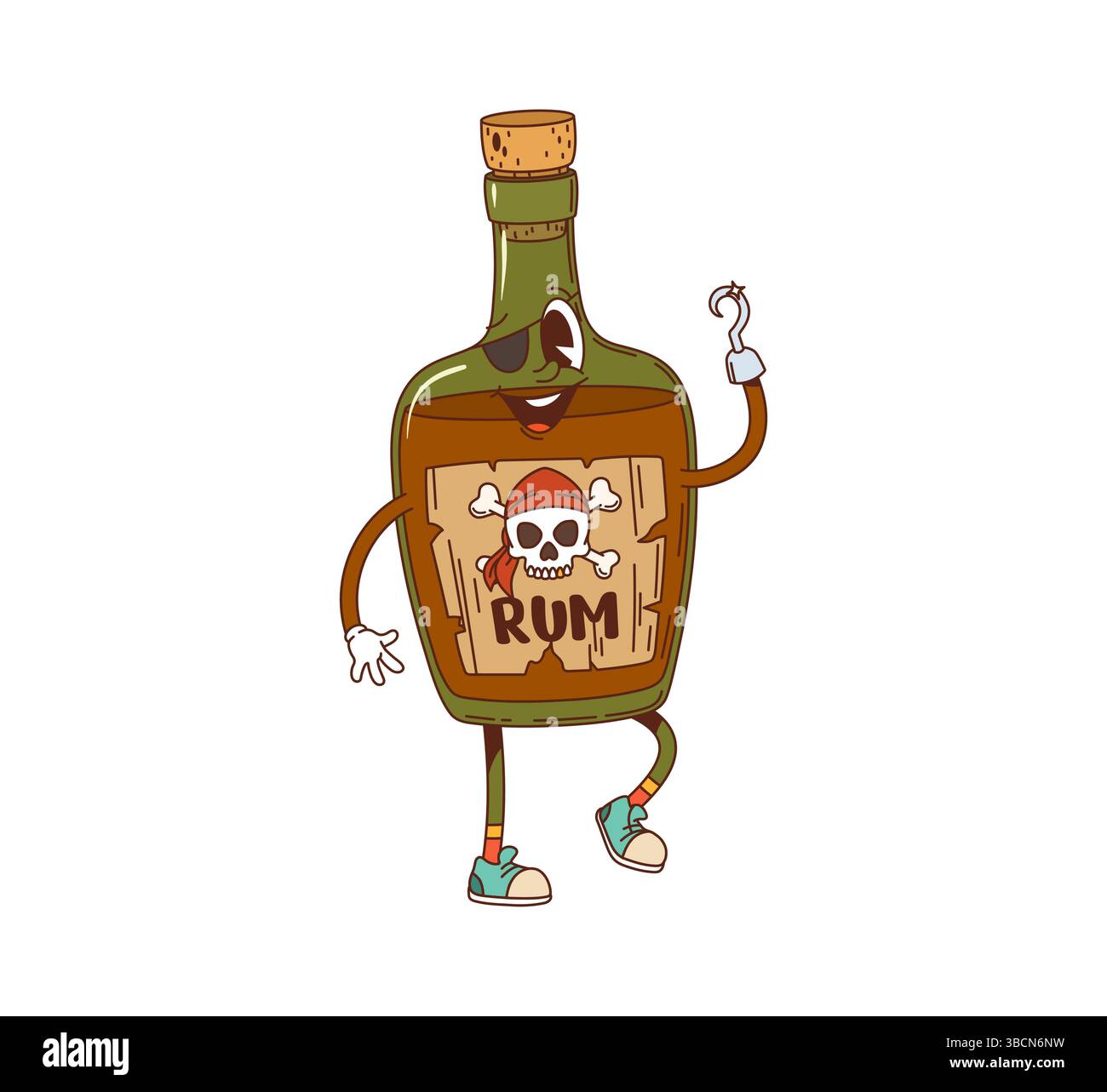 Bottiglia di rum: Pirata allegra e allegra. Bar distillato alcol allegra mascotte retrò vettoriale, alcol bere felice personalità goffa. Bottiglia di rum pirata con gancio e occhiello personaggio divertente Illustrazione Vettoriale