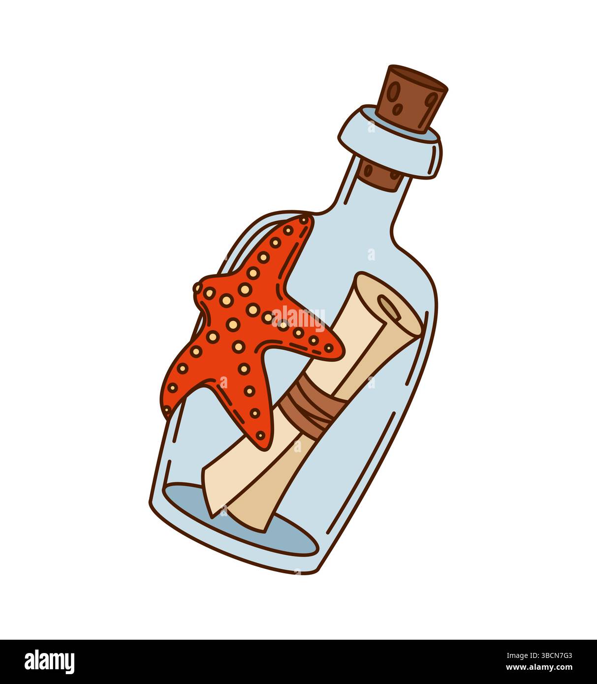 Cartoni animati pirata e messaggio in corsario, arrotolati all'interno di una bottiglia di vetro sigillata con un sughero e attaccata una stella marina rossa. Lettera retrò vettoriale isolata in fiasca gettata dal mare, mappa segreta Illustrazione Vettoriale