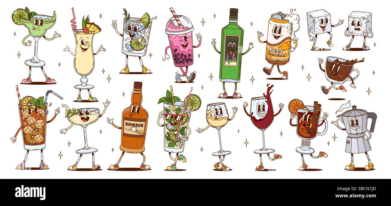 Personaggi di cocktail e bevande hippie. Vector divertenti bicchieri di vino, mojito, margarita e gin tonic alcol bere cocktail. I personaggi psichedelici della birra, del caffè e del tè Illustrazione Vettoriale