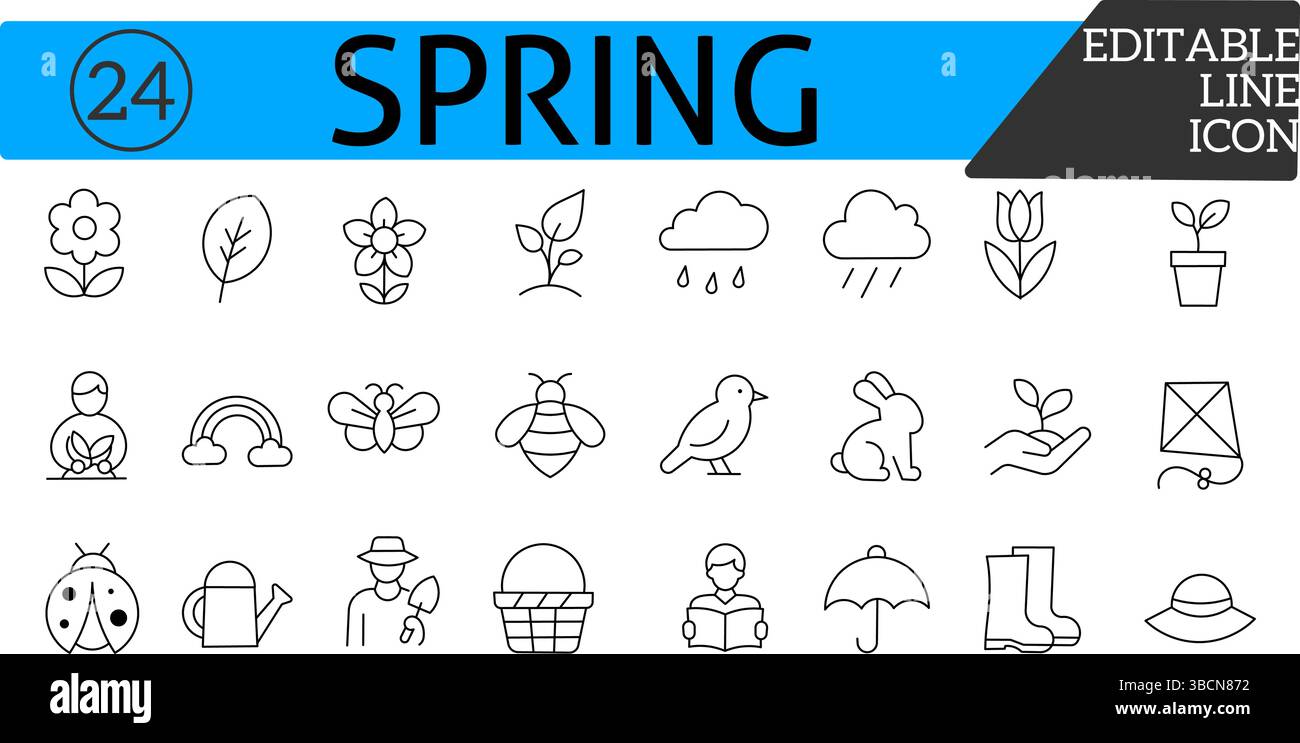 Icone minime della primavera: Fiori, api, giardinaggio e Meteo Illustrazione Vettoriale