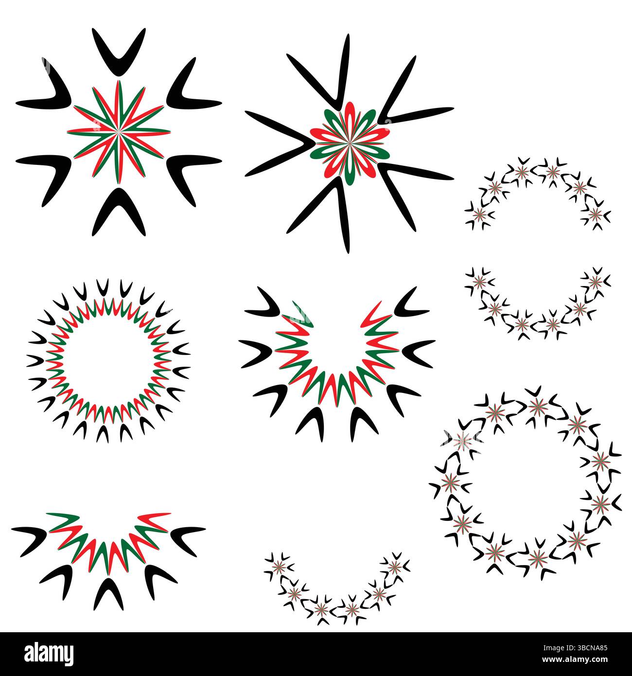 Ornamenti circolari Starburst a spillo – forme radiali a stella decorative rosse bianche nere per loghi, adesivi o temi di grafica Illustrazione Vettoriale Ornamenti circolari Starburst a spillo – forme radiali a stella decorative rosse bianche nere per loghi, adesivi o temi di grafica Illustrazione Vettoriale