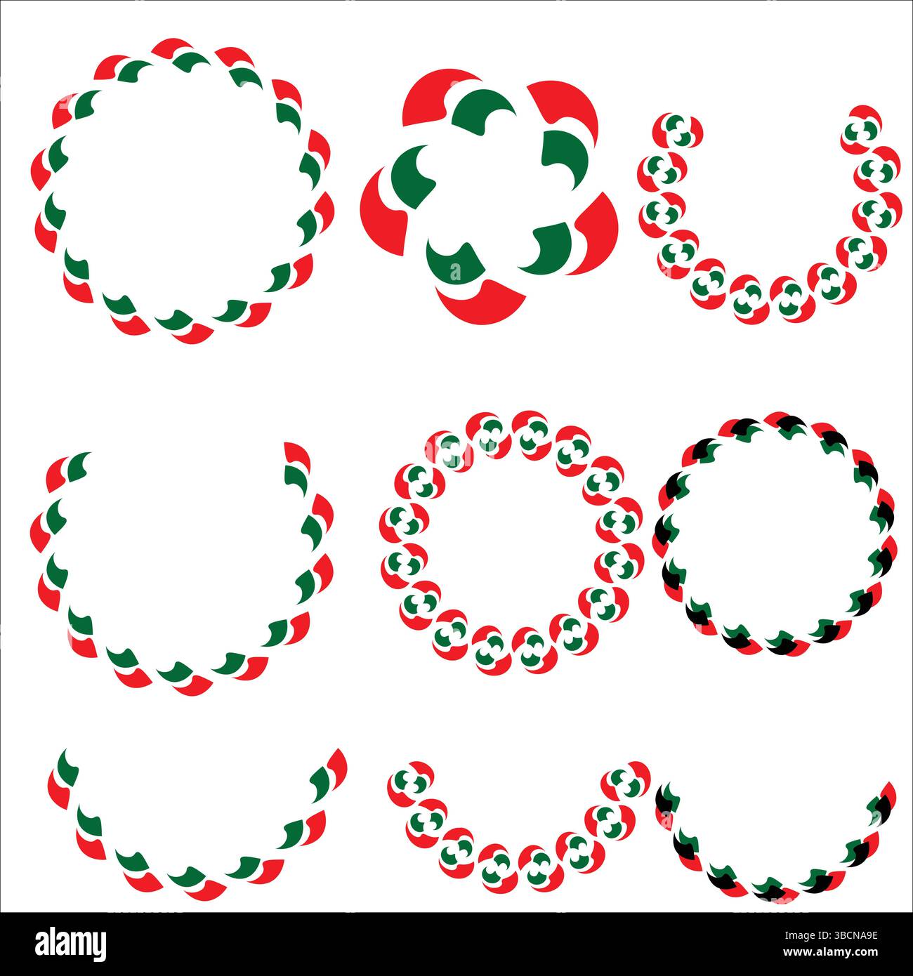 Forme vettoriali circolari multicolore con motivi a nastro e emblema per elementi di design divertenti, divertenti e culturali Illustrazione Vettoriale