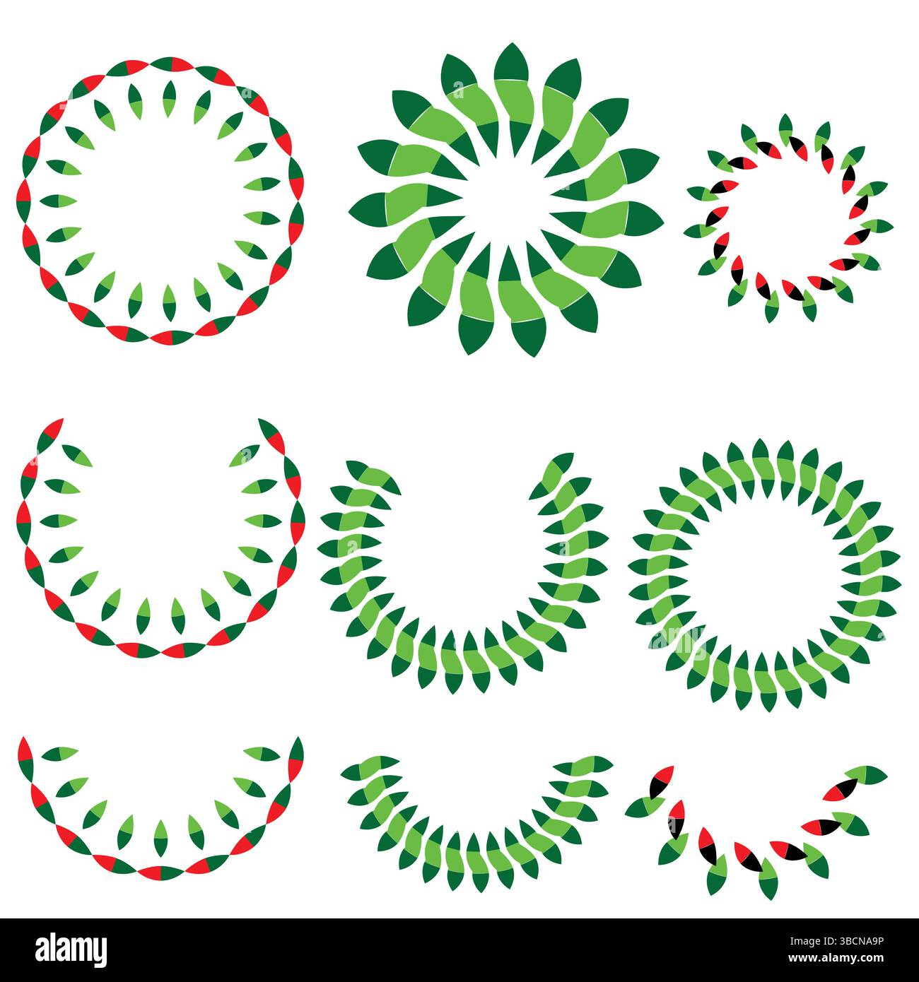 Disegni circolari a spirale verdi e rossi con elementi floreali naturali, perfetti per Natale, arte culturale o grafica vettoriale a tema natalizio Illustrazione Vettoriale