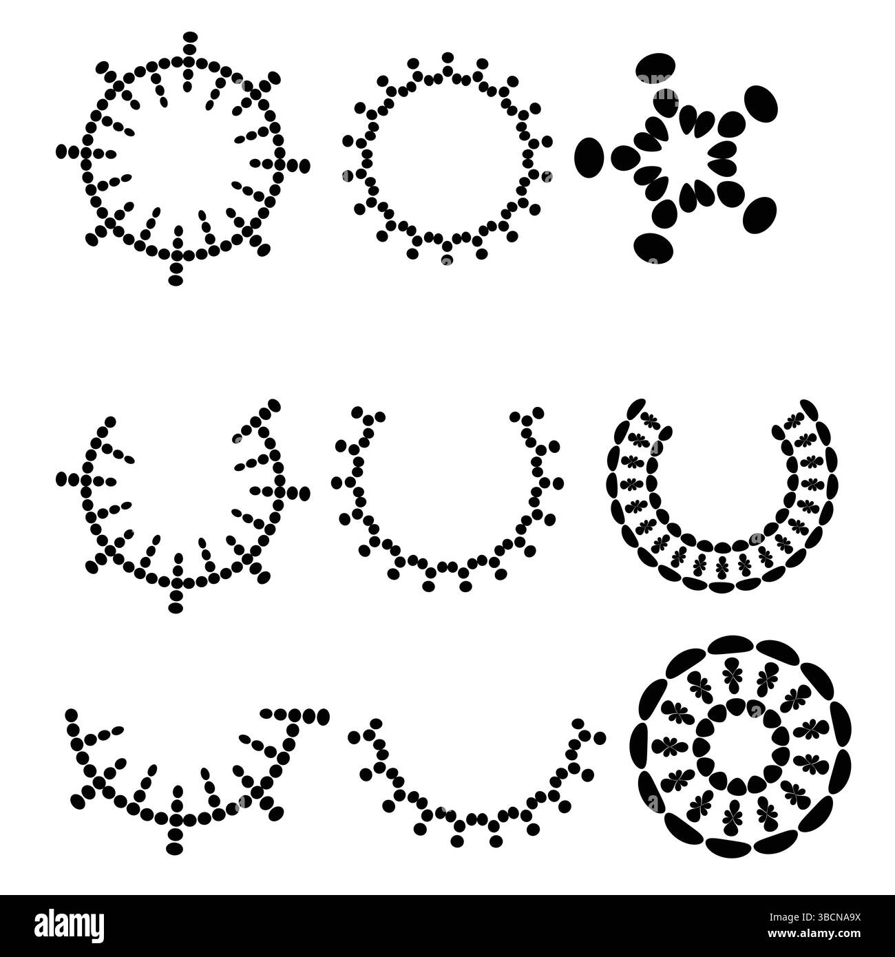 Forme circolari creative in bianco e nero con motivi a righe e a punti per progetti di design grafico di tendenza o tecnologici unici Illustrazione Vettoriale