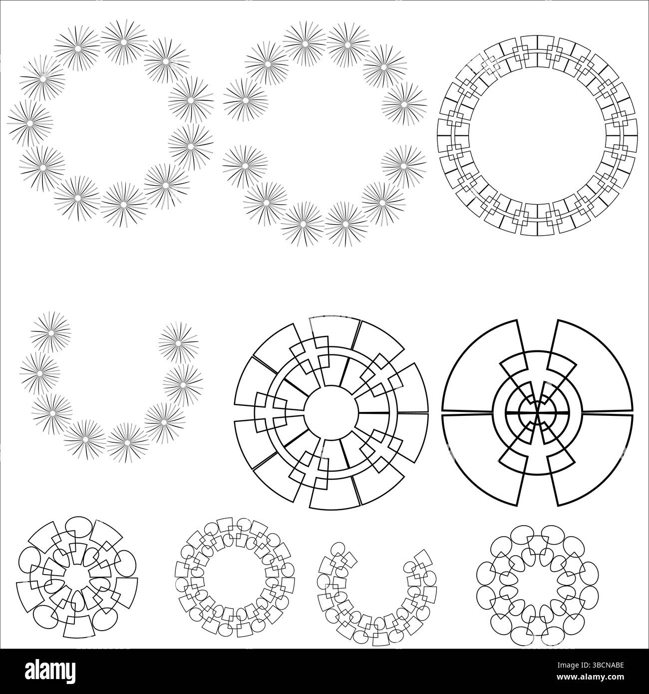 Delicati design vettoriali circolari con effetti Petal, Web e Radiating Line per arte tecnica o in stile Mandala Illustrazione Vettoriale
