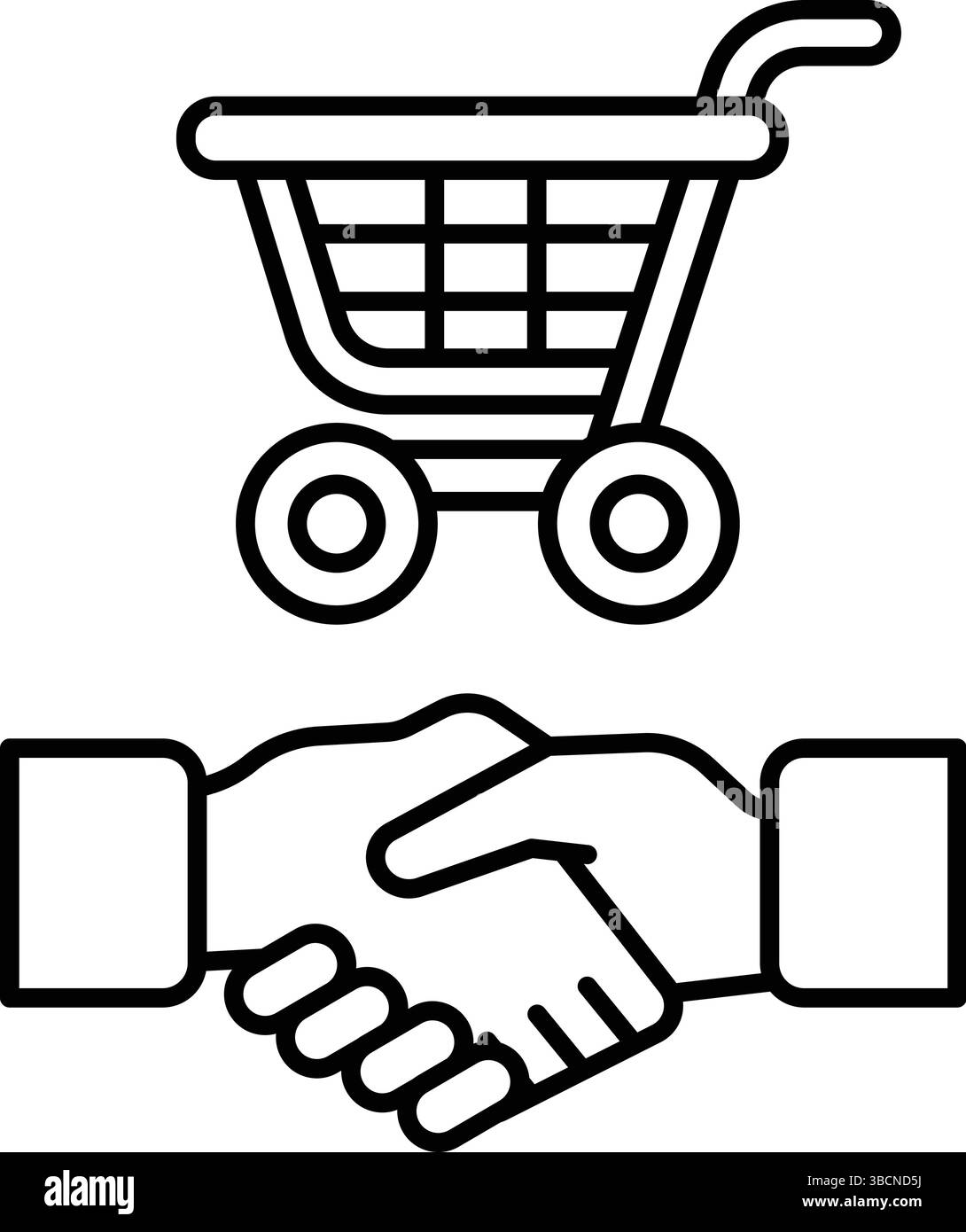 Un'immagine in bianco e nero di due mani che scuotono con un carrello sullo sfondo. Concetto di transazione commerciale o di accordo in corso Illustrazione Vettoriale