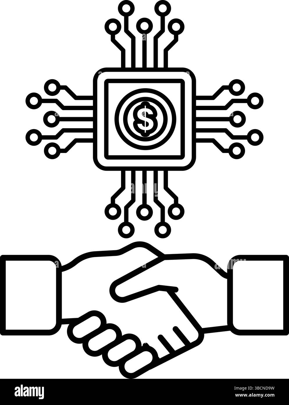 Una mano che scuote una moneta con un chip per computer. Concetto di transazione o accordo commerciale Illustrazione Vettoriale