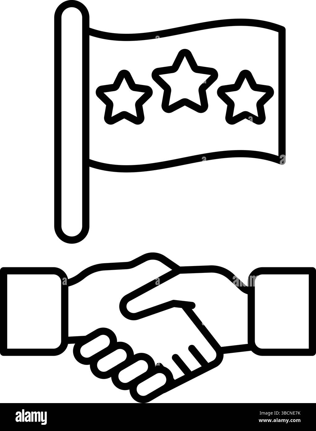 Una bandiera con tre stelle e un'asta. Una stretta di mano tra due persone. La bandiera è un simbolo di unità e la stretta di mano è un simbolo di accordo Illustrazione Vettoriale