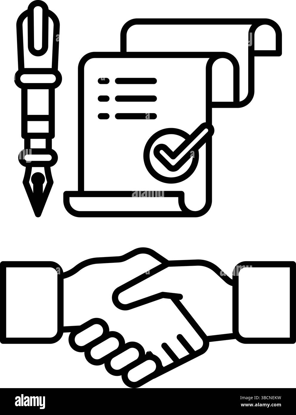 Una penna e un foglio di carta con un segno di spunta. Concetto di transazione o accordo commerciale in corso Illustrazione Vettoriale