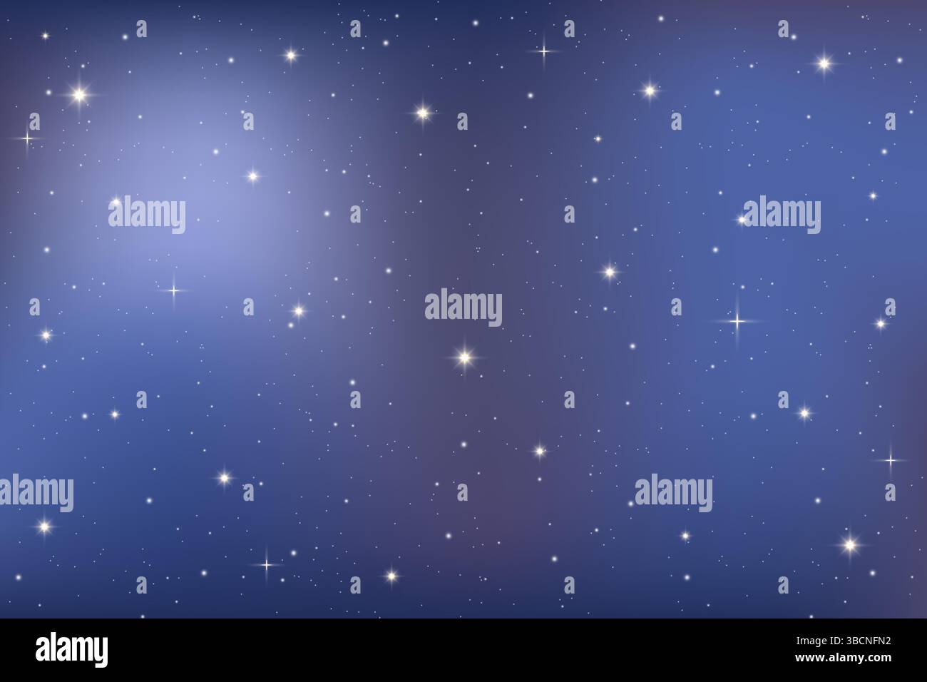 Cielo notturno scuro con stelle brillanti e costellazioni scintillanti. Lo sfondo blu a gradiente illustra l'universo celeste con motivi magici a nebulosa Illustrazione Vettoriale