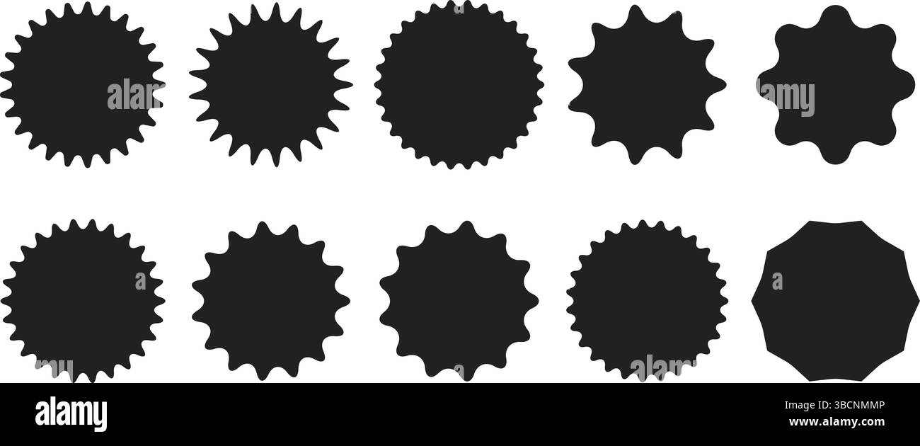 Collezione di badge adesivi Black Starburst sale. Set vettoriale di forme di etichette di prezzo, etichette promozionali. Illustrazione Vettoriale