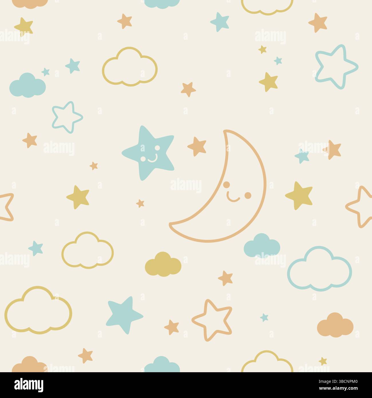 Baby Stars e Moon pastello motivo senza cuciture. Sfondo vettoriale per neonati e letti per bambini. Modello a ripetizione dallo stile accattivante. Illustrazione Vettoriale