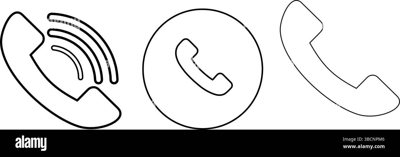 Tre varianti di un'icona di telefono, con rendering in un semplice stile di disegno di linea. Le icone raffigurano un ricevitore con diversi gradi di dettaglio. Illustrazione Vettoriale
