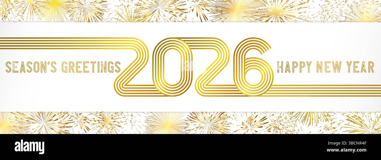 Auguri di buone feste e Un banner orizzontale felice anno nuovo con fuochi d'artificio dorati e testo creativo. Cornice dorata modificabile, sfondo bianco. Buon C Illustrazione Vettoriale