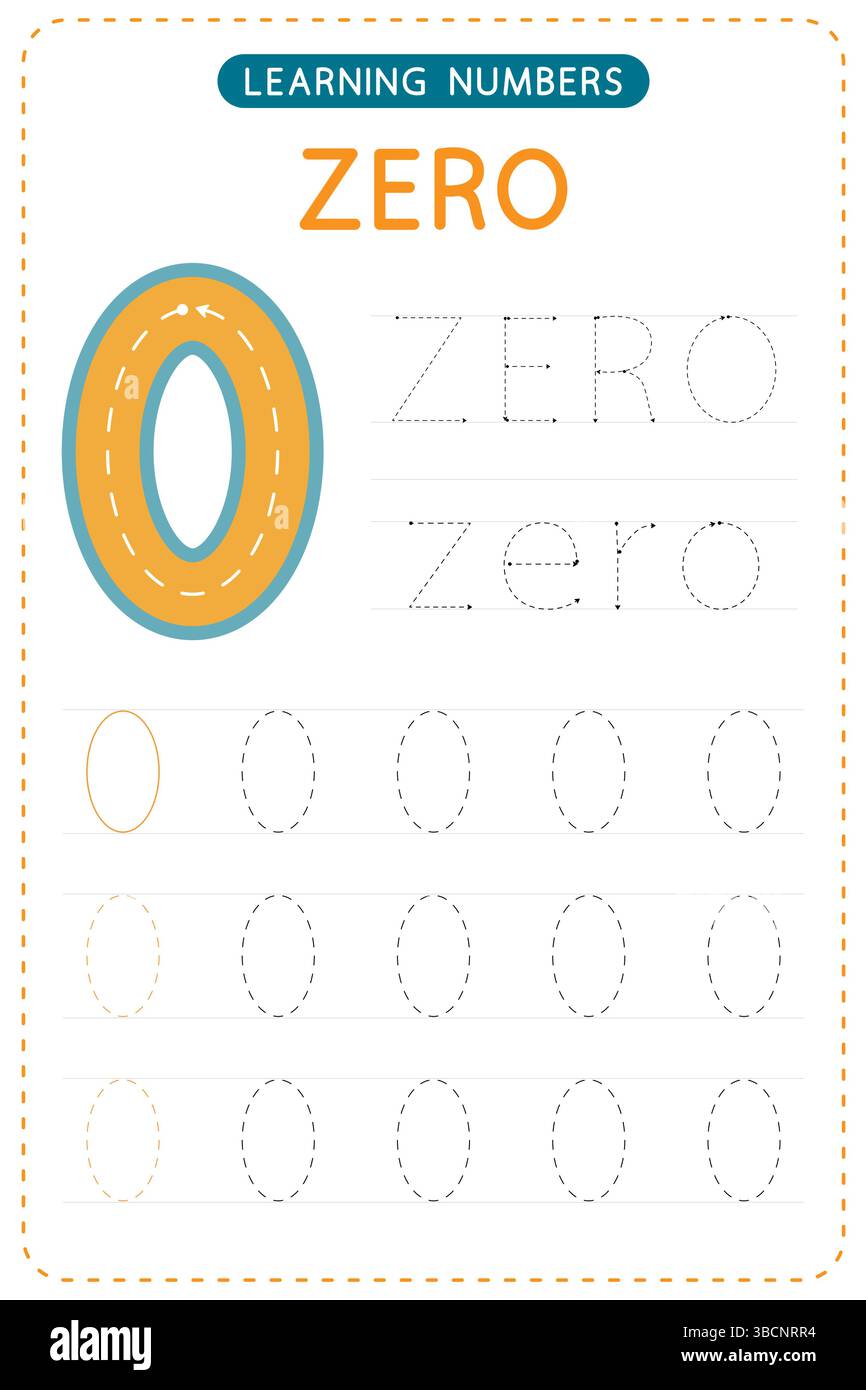 Traccia numero zero. Fogli di lavoro prescolare. Pratica di scrittura per bambini. Progettazione vettoriale. Illustrazione Vettoriale