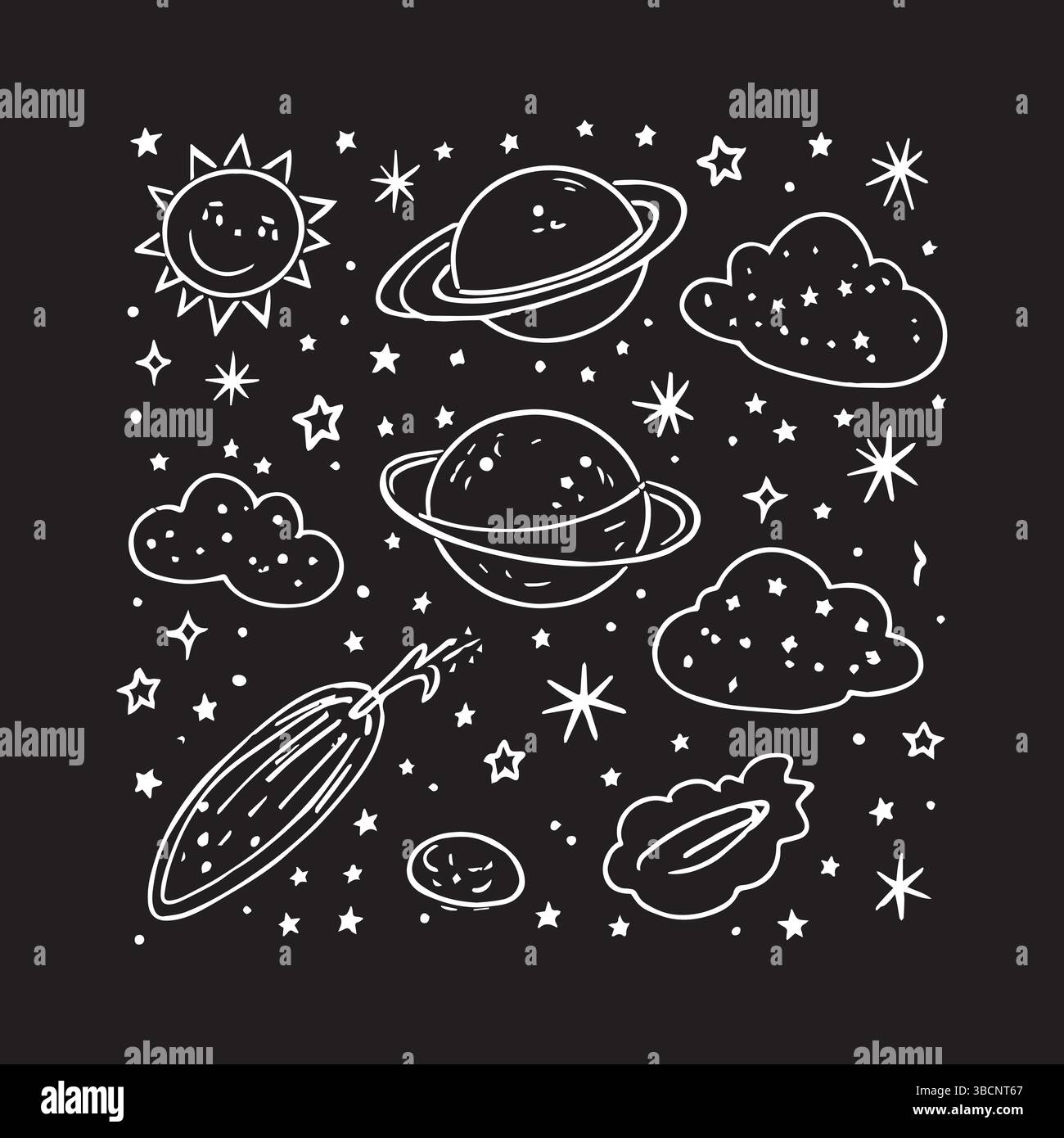 Cosmico Doodle Collection pianeti, stelle e comete disegnati a mano Illustrazione Vettoriale