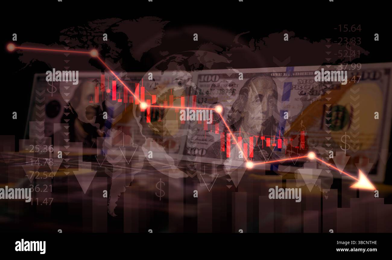 Concetto di recessione e crisi: Le banconote con frecce e grafici verso il basso rappresentano il declino dell'economia, dei mercati o della ricchezza globale Foto Stock