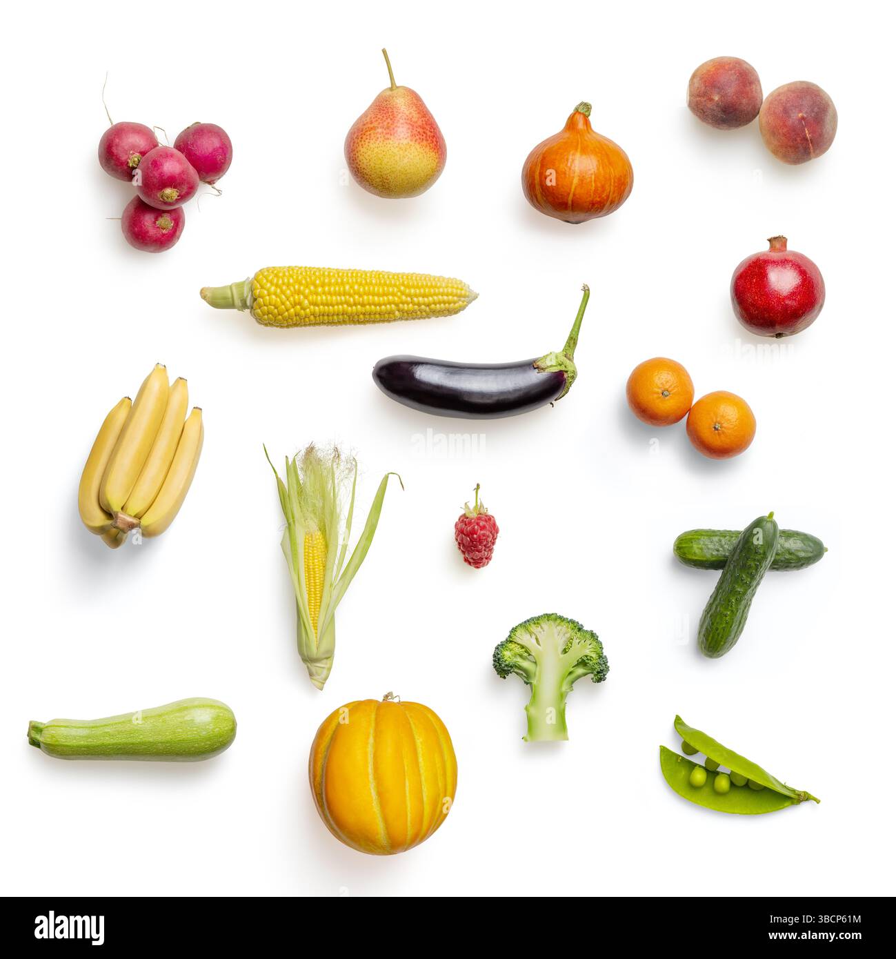 Frutta e verdura isolate su sfondo bianco. L'immagine può essere utilizzata per un negozio di alimentari. Foto Stock