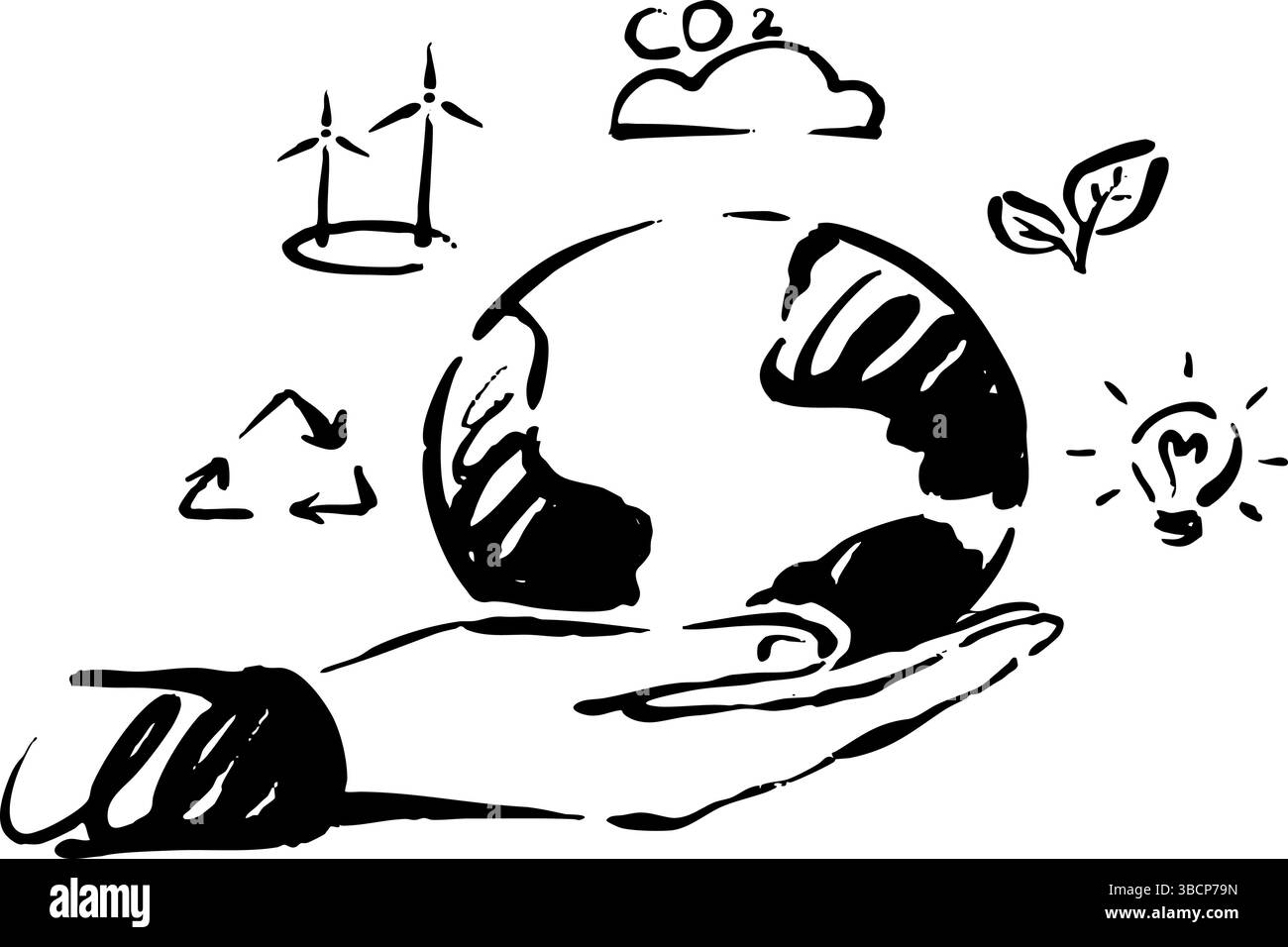 Una mano che tiene saldamente la Terra con vari elementi sostenibili che promuovono la consapevolezza ambientale Illustrazione Vettoriale