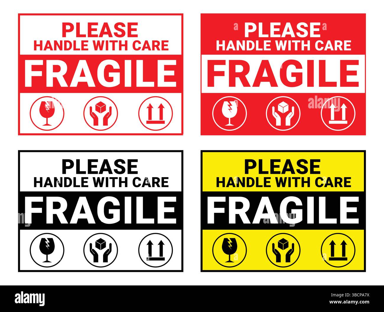 Set di icone per confezioni fragili, maneggiarle con cura e etichette di spedizione per la consegna. Scatola fragile, segnali vettoriali di avvertimento del carico. Illustrazione Vettoriale