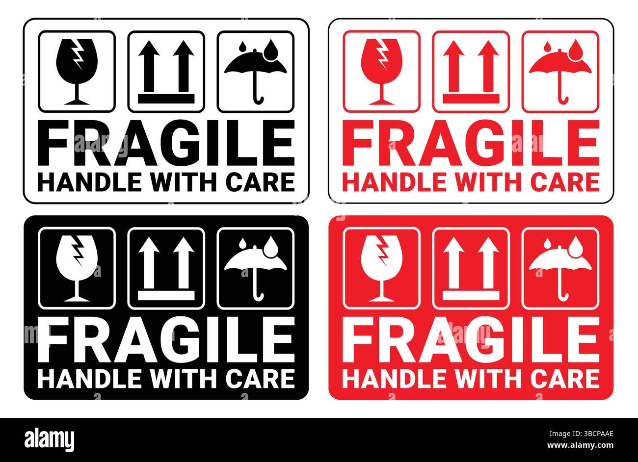 Set di icone per confezioni fragili, maneggiarle con cura e etichette di spedizione per la consegna. Scatola fragile, segnali vettoriali di avvertimento del carico Illustrazione Vettoriale