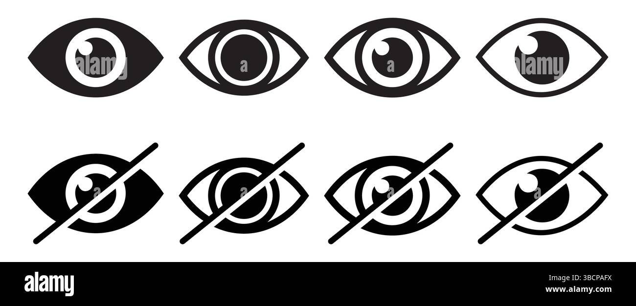 Set di icone della linea nera dell'occhio. Nessun logo per gli occhi, barrato, simbolo di protezione della privacy, etichetta per gli occhi di protezione, badge per impedire che si sbattano, anti-spia, trasparente al 99,9%. Illustrazione Vettoriale