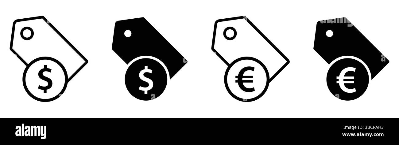 Icone dei tag dei prezzi: Un set di quattro icone vettoriali che illustrano i tag dei prezzi con i simboli del dollaro e della valuta dell'euro. Queste icone semplici e pulite. Illustrazione Vettoriale