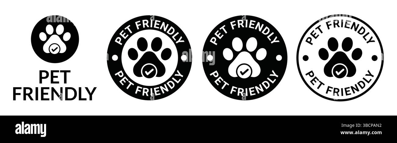 Set di icone per animali domestici ammessi. Logo, etichetta, cartello, badge, simbolo, animali domestici ammessi banner, linea, vettore piatto, illustrazione isolata. Etichetta che accetta animali domestici Illustrazione Vettoriale