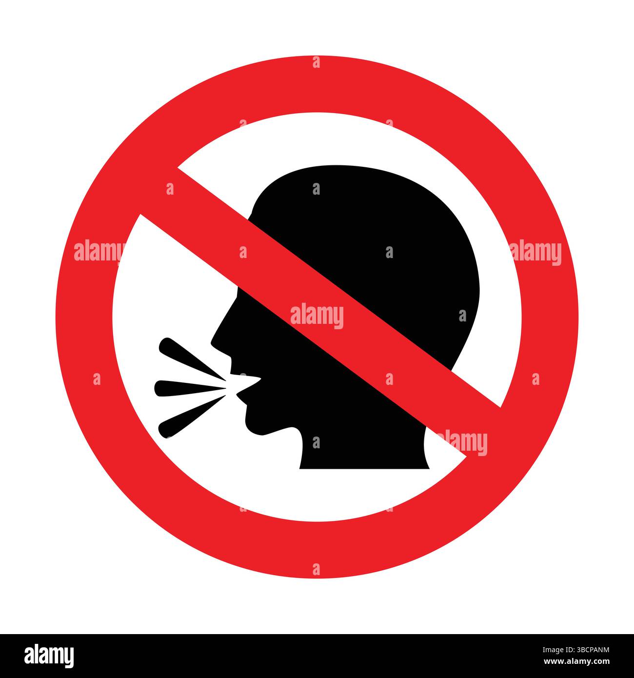 Basta parlare. Illustrazione vettoriale di un segno circolare con croce rossa con all'interno un'icona di testa umana parlante. Tenere isolato il simbolo del silenzio su bianco Illustrazione Vettoriale