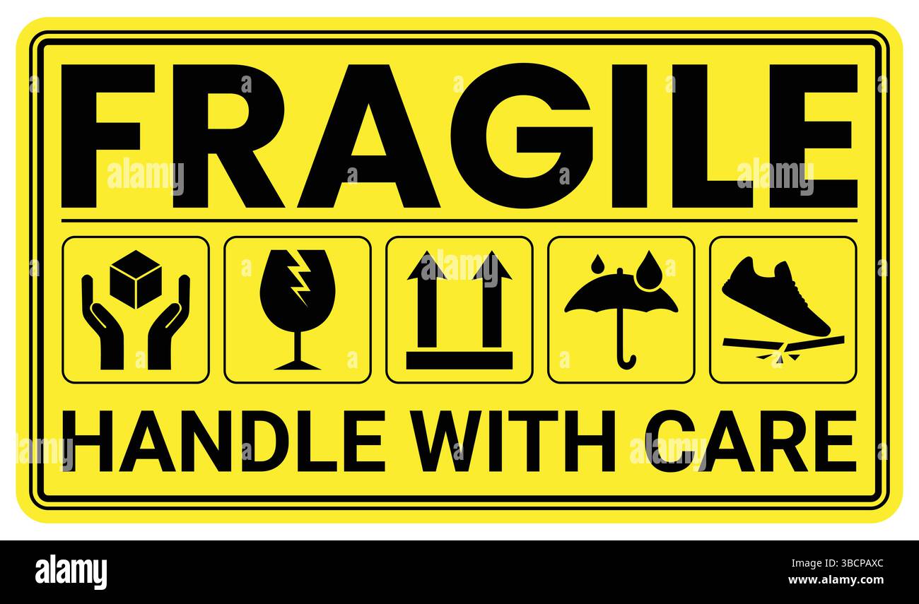 Set di icone per confezioni fragili, maneggiarle con cura e etichette di spedizione per la consegna. Scatola fragile, segnali vettoriali di avvertimento del carico Illustrazione Vettoriale