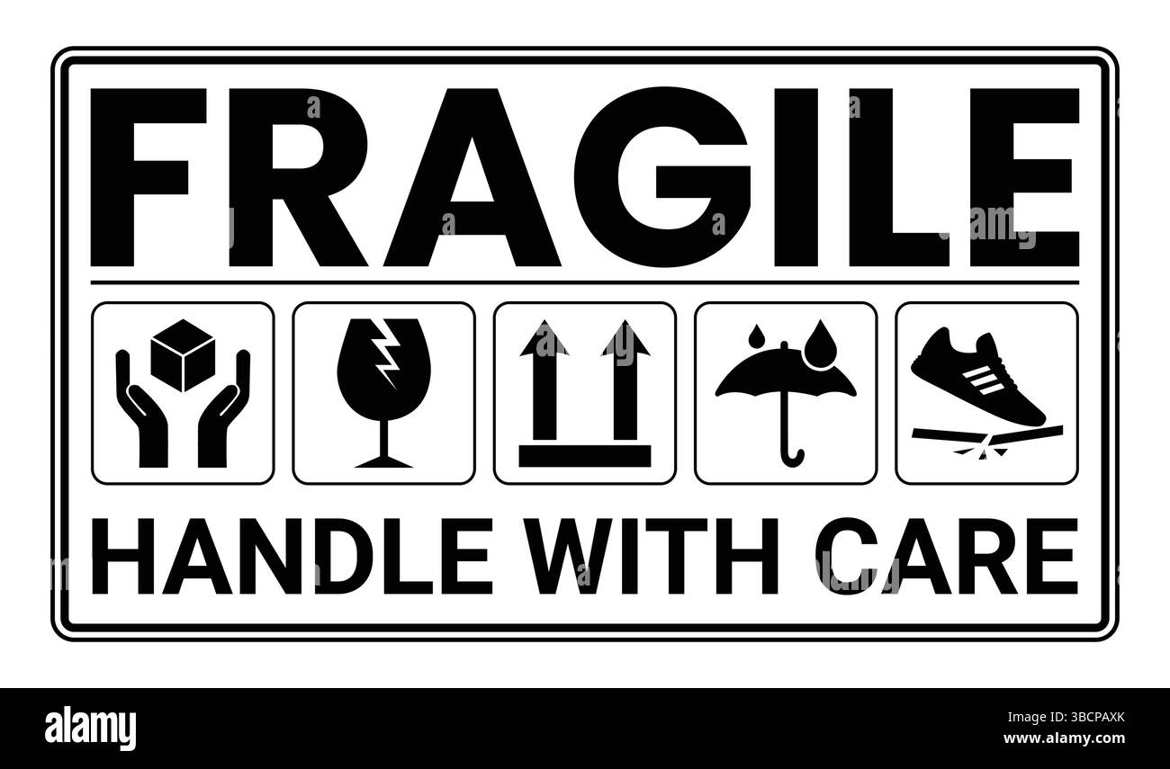 Set di icone per confezioni fragili, maneggiarle con cura e etichette di spedizione per la consegna. Scatola fragile, segnali vettoriali di avvertimento del carico Illustrazione Vettoriale
