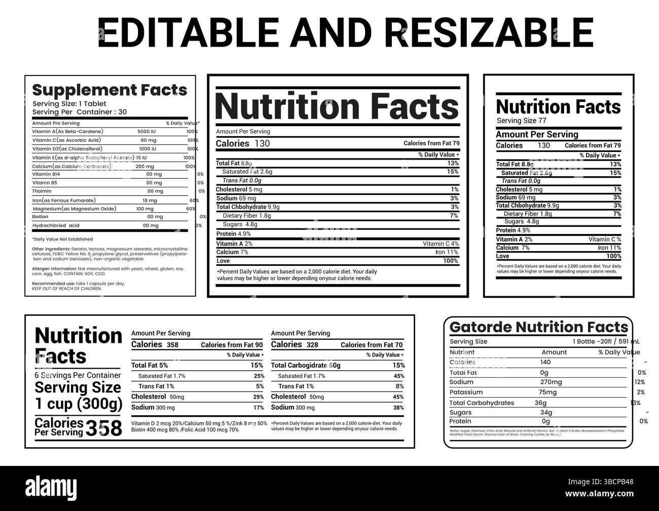 Dati nutrizionali modello di progettazione delle etichette per il contenuto alimentare. Vector Serving, grassi e dieta elenco calorie per fitness integratore alimentare sano. Illustrazione Vettoriale
