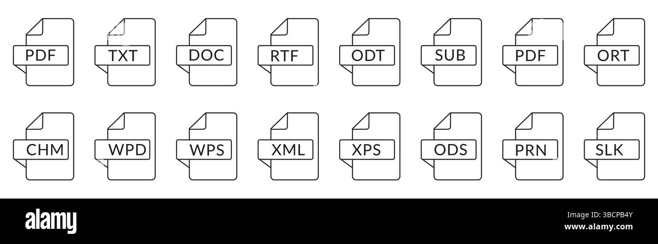 Set di icone tipo file. Formato file e documento più diffusi. Formato ed estensione dei documenti. Set di modelli grafici audio, video, immagine, sistema, Illustrazione Vettoriale