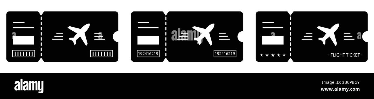 Illustrazione vettoriale del modello del biglietto della carta d'imbarco della compagnia aerea in nero. Concetto di viaggio, viaggio o viaggio di lavoro. Isolato su bianco. Illustrazione Vettoriale