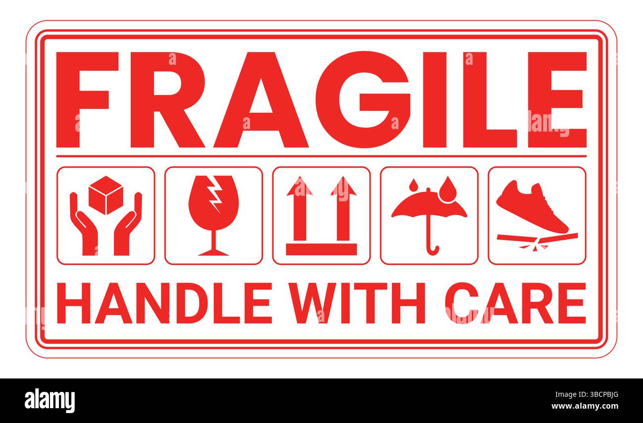 Set di icone per confezioni fragili, maneggiarle con cura e etichette di spedizione per la consegna. Scatola fragile, segnali vettoriali di avvertimento del carico. Illustrazione Vettoriale