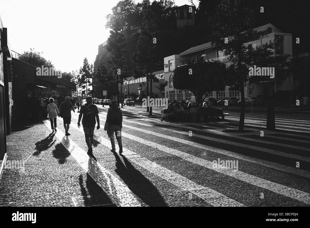 Persone che camminano su una passeggiata soleggiata con lunghe ombre, Funchal, Madeira Foto Stock